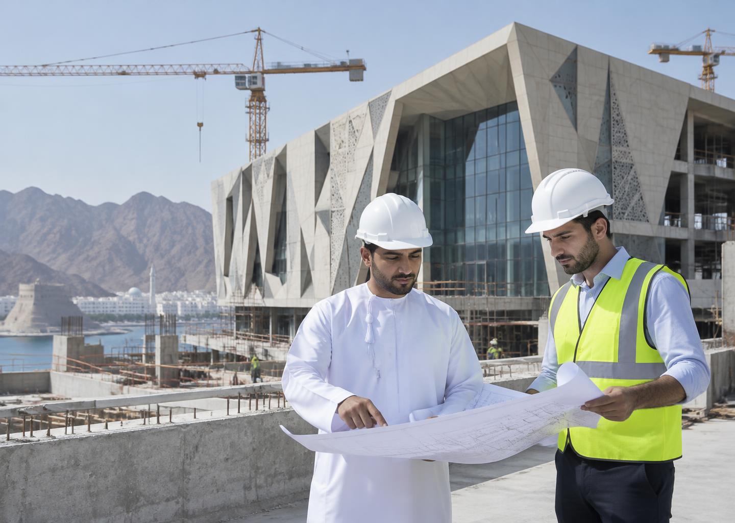 Illustrative engineers reviewing plans at a Muscat construction site