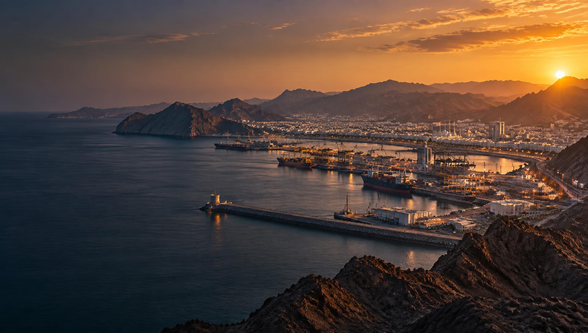 Muscat's port, coastline, and mountains at sunset